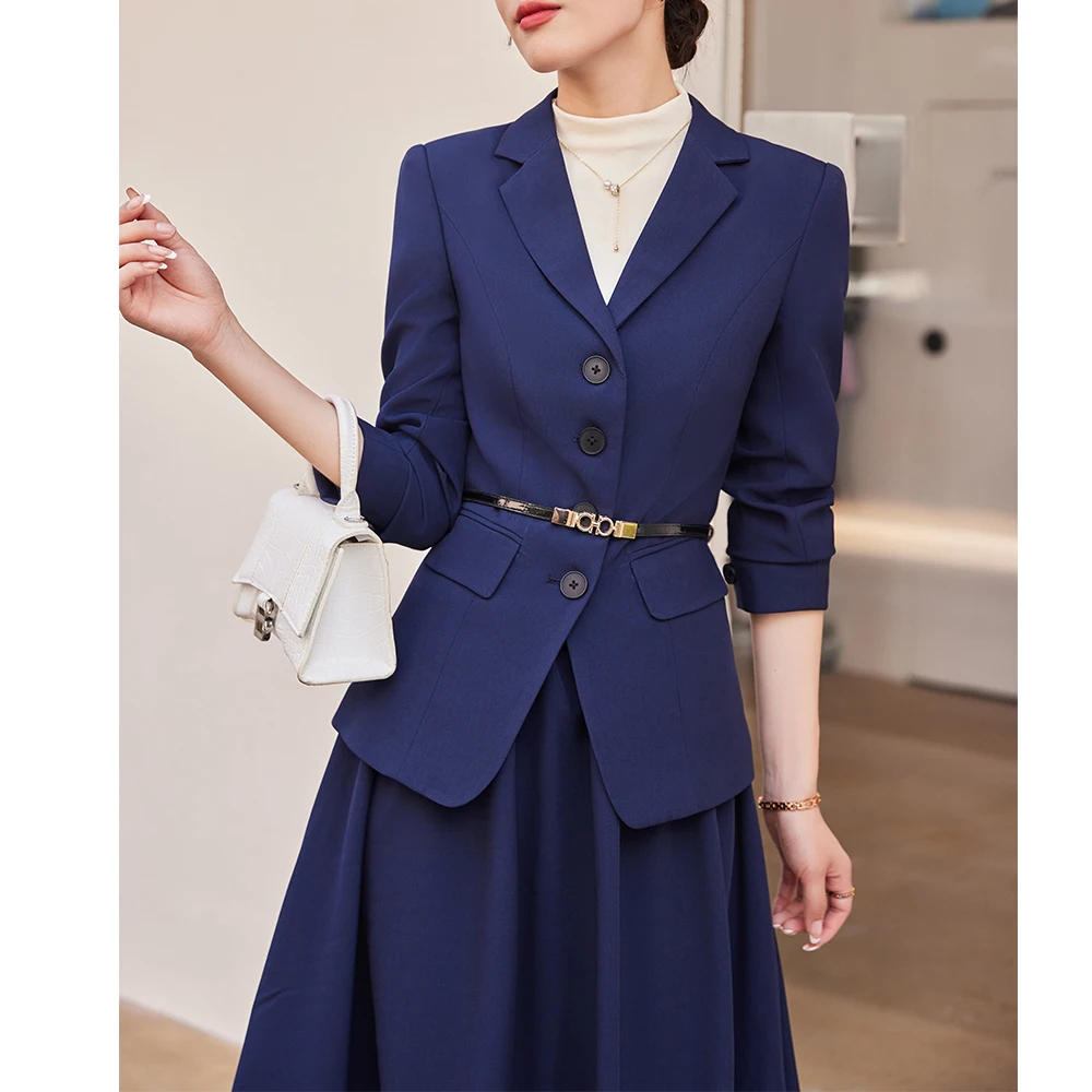 Two-Piece Office Suit Set for Lady, Belt Blazers, A-Line, Mid-Length Skirt, Commuter Temperament Suit, Casual, Spring, Autumn