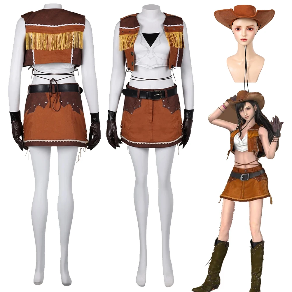 Disfraz de vaquero Tifa Lockhart para mujer, traje de Cosplay de Anime, Final Fantasy VII, sombrero, disfraz para adultos, Halloween, Carnaval