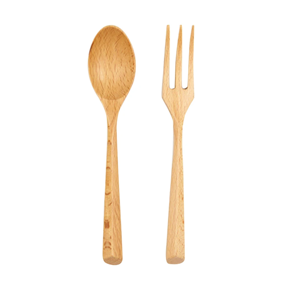 

2 pcs Beech Spoon Fork Set Eco-Friendly Durable Wooden Tableware Smooth Handle For Soup Rice Hot Pot Elegant Outdoor Dining