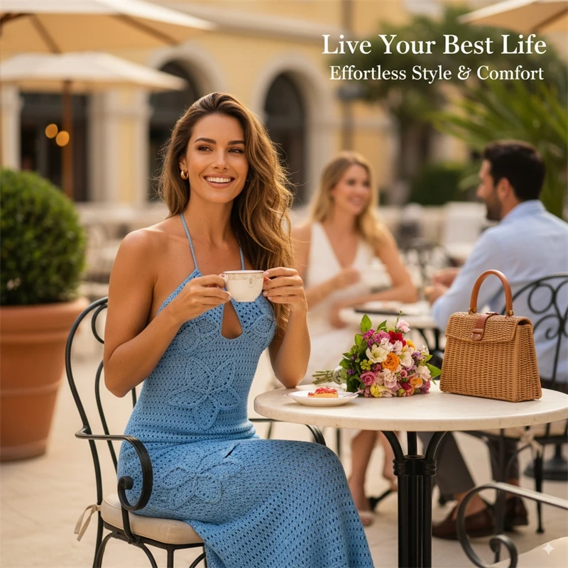 Handmade Crochet Beach Dress for Women Sleeveless Backless 3D Flower Maxi Dress Hollow Out Knitted Long Summer Holiday Outfit