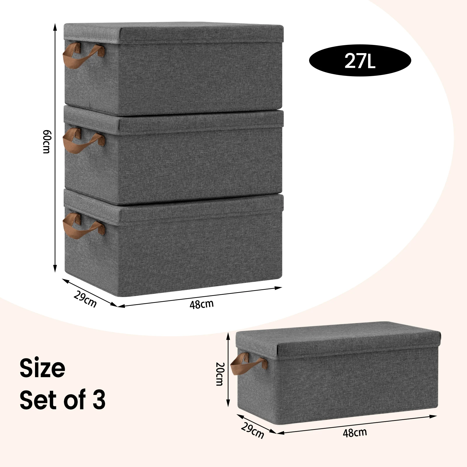 WOLTU 3/5 Stück faltbare Stoff-Aufbewahrungsbox mit Deckel und Griffen, 20/27/36/51 l, große Box, Tasche, Korb, Organizer für Bettdecken, Kleidung, Spielzeugbox