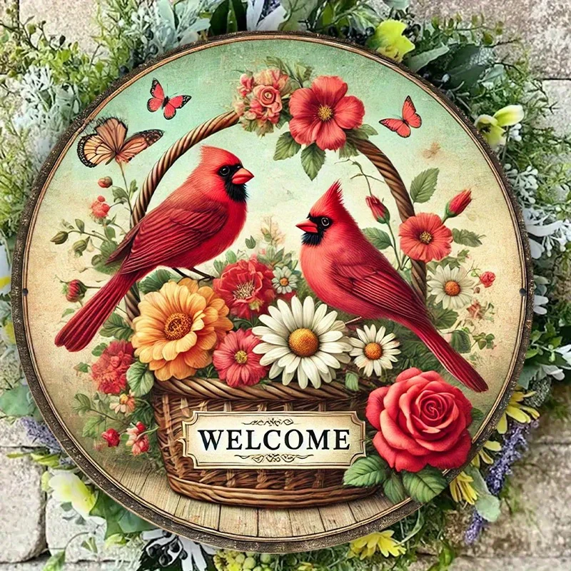 Vintage Red Cardinal Round Metal Wall Art Sign - 20.32X20.32 cm Suitable for Home, Dining Room, Bar, And Café Decor