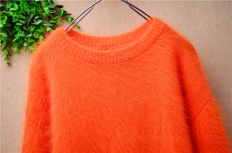 Female Women Spring Autumn Orange Hairy Angora Rabbit Hair Knitwear Inside O-Neck Long Lantern Sleeves Loose Sweater Jumper Pull