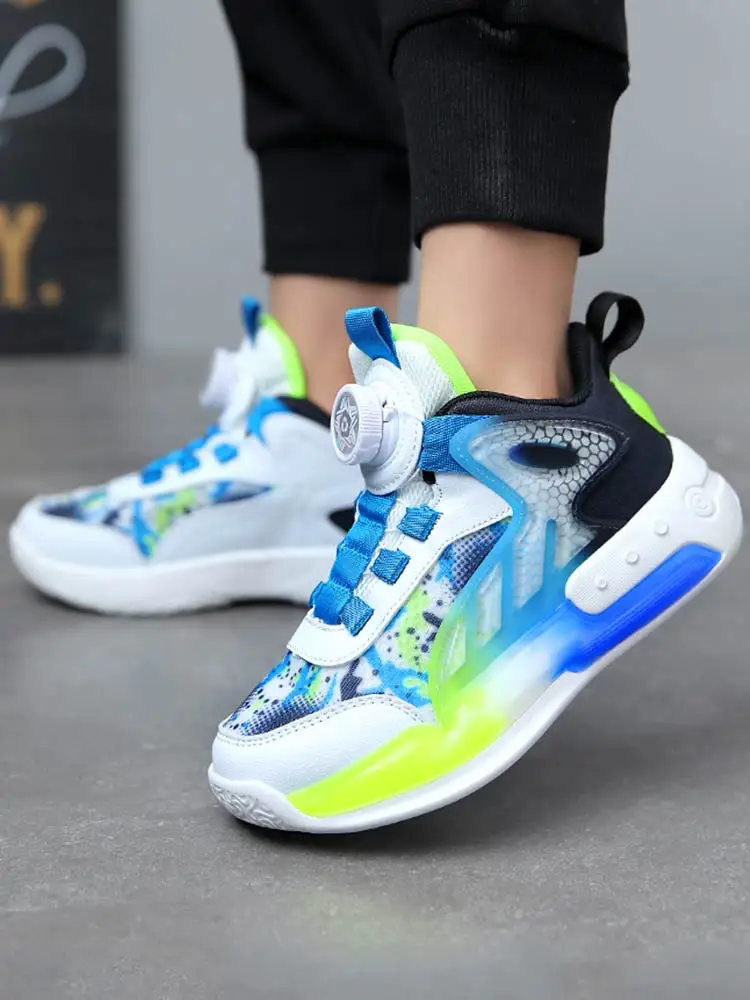 Rotating button Sneakers For Boys Breathable Mesh Basketball Shoes aged 7-14 Kids School Tennis Training 8 to 12 years old 2024