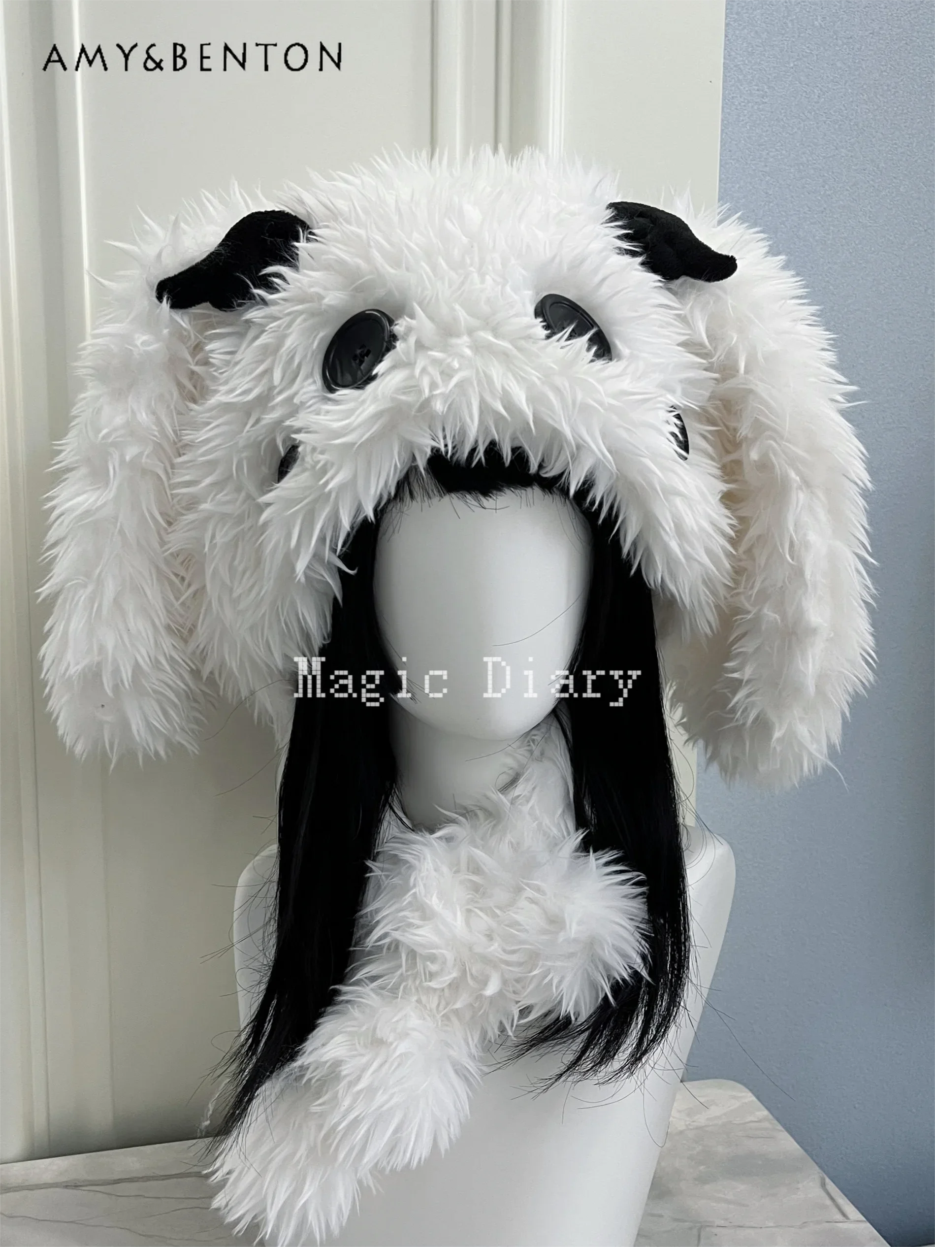 Japanese Cute Subculture Plush Hat Autumn and Winter New Harajuku Y2k Long Hair Warm Rabbit Ears Hat Kawaii Plush Hats for Women