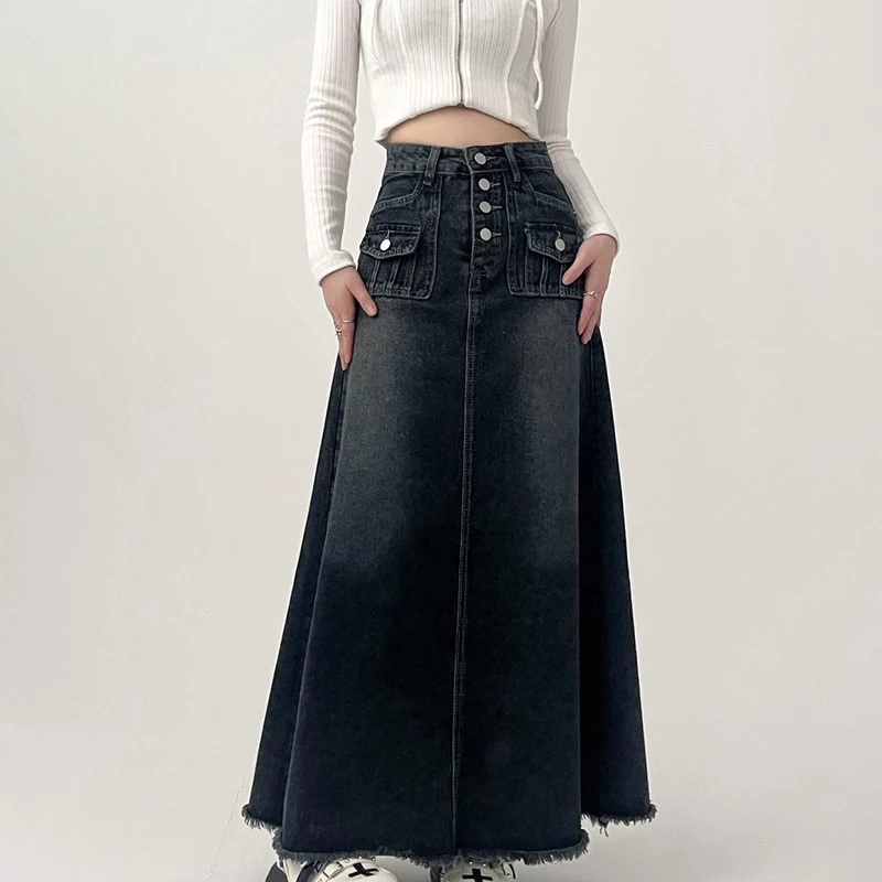 Vintage Denim Long Skirt for Women 2023 Spring Summer High Waist Button Raw Edge A-Line Skirt Female Harajuku Street Jean Skirts