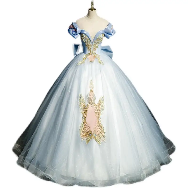 Y & m-vestido de quinceañera azul con lazo para fiesta, traje de baile con Tull brillante, 2020