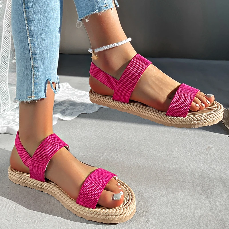 Spring Summer Stretch Fabric Women Non Slip Sandals 2025 New Flat Sole Beach Sandels Fashion Patchwork-Color Woman Zapatos