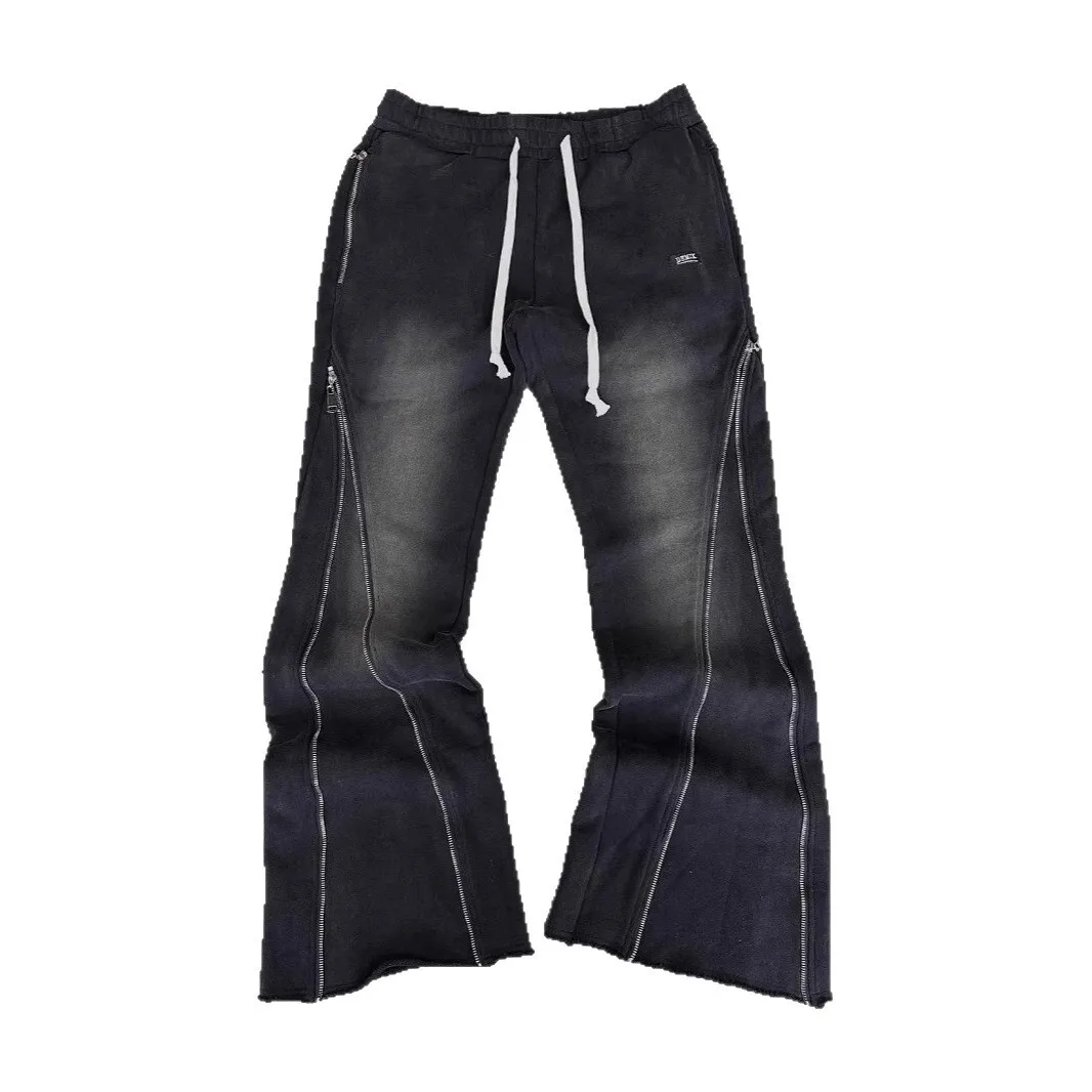 MWJLPWQ-pantalones de punto pesado con diseño de cremallera para hombre, pantalón recto, estilo callejero con cordón, estilo callejero, Vintage, Unisex, otoño 11516