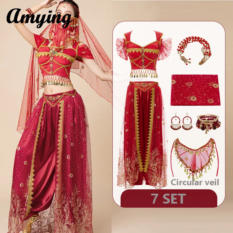 Conjunto de vestido de princesa Jasmine para mujer adulta, traje de actuación en escenario de danza del vientre, vestido de práctica, ropa de juego de rol de Aladdín