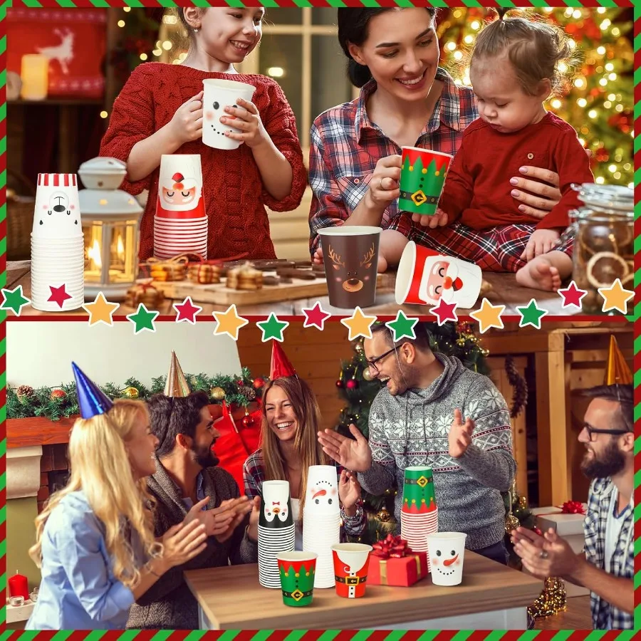 200 Pcs Christmas 9 oz Paper Cups Disposable Coffee Cups Santa Snowman Elk Disposable Hot Cups Xmas Party Drinkware Supplies fo