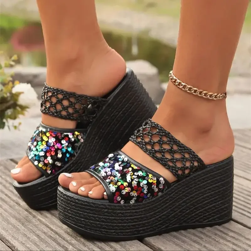 Platform Shoes Women Fashion Sequin Wedge Slippers Woman Summer Soft Sole Eva Indoor Outdoor Sandals Slides Women Zapatos De Muj