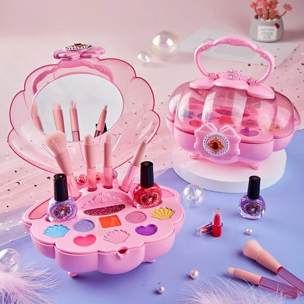 Caixa de maquiagem Elf Shell para meninas, Penteadeira, Conjunto de cosméticos rosa, Brinquedos de brincar, Jogo divertido, Brinquedos infantis