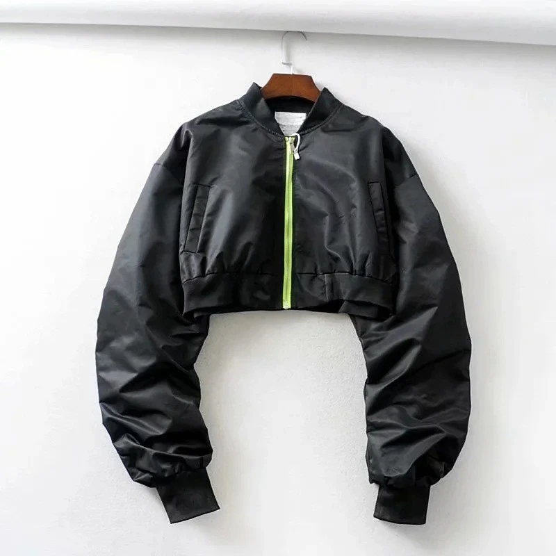 

2024 New in Outerwears Women Clothing Bomber Jacket Threaded Cuffs Black Jackets Autumn Short Jackets Elastic Sleeves Baseball