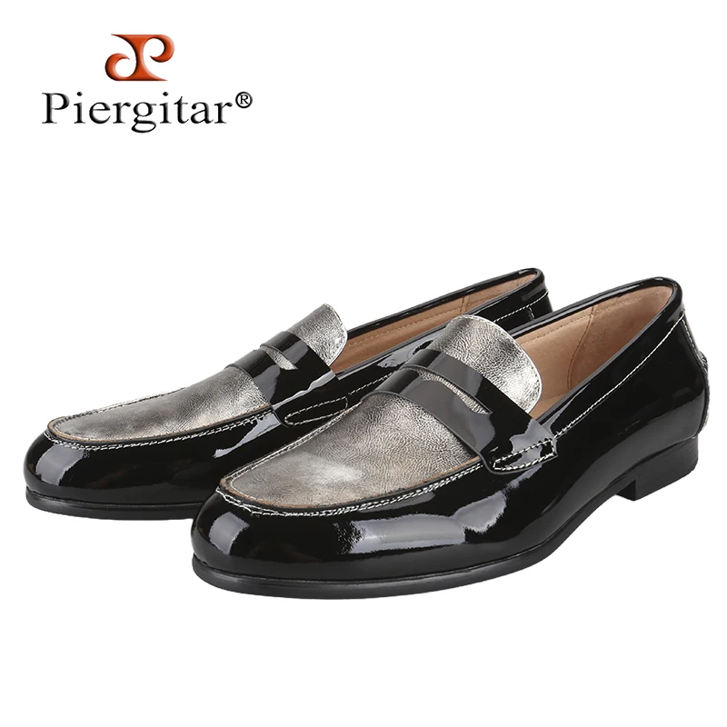 Piergitar Black Patent Leather Patchwork Champagne Coloured Calfskin Men's Penny Loafers Handmade Slip-On Moccasins For Party