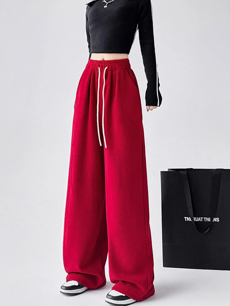 خريف شتاء بنطال ذو قصة أرجل واسعة النساء خمر فضفاض عادية كسول الرياح مستقيم بنطلون الصلبة بسيطة سميكة Harajuku مكتب سيدة السراويل