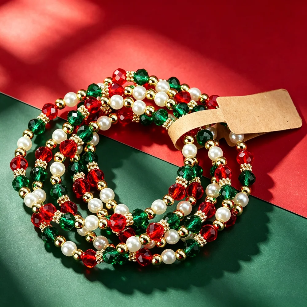 New Christmas Stackable Beaded Bracelet for Women Red Green Crystal Faux Pearl Multi Layer Bracelets Holiday Party Jewelry Gift