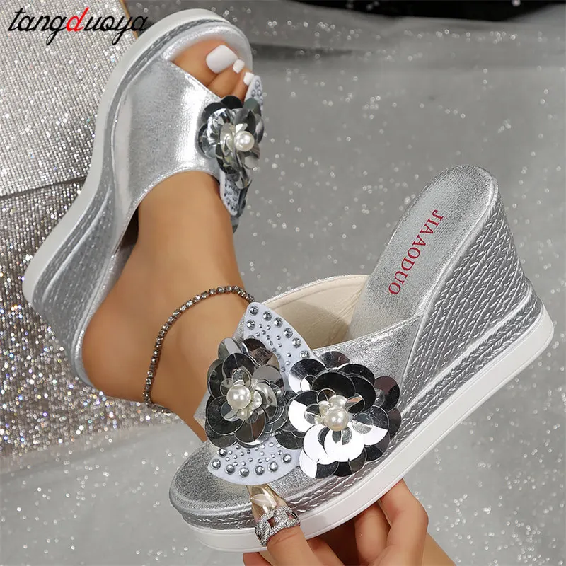 Summer Wedges Sandals Women Sexy Shining silvery Slope heel slippers Women\'s Fashion Classic Outdoor Fish Mouth Slippers 34-41