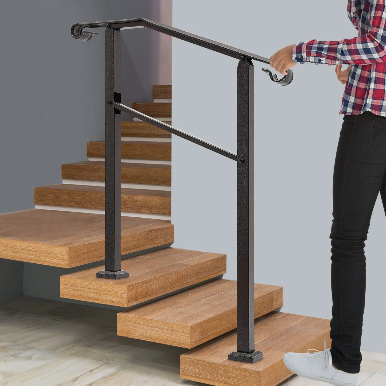 Outdoor staircase handrail slope 3FT iron brown, Handrails for Outdoor, Staircase Handrail, 3-Step Handrail