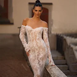 Charming Mermaid Lace Wedding Dresses With Long Sleeves Women Sweetheart Bride Dress Sexy Backless Off Shoulder Bridal Gowns