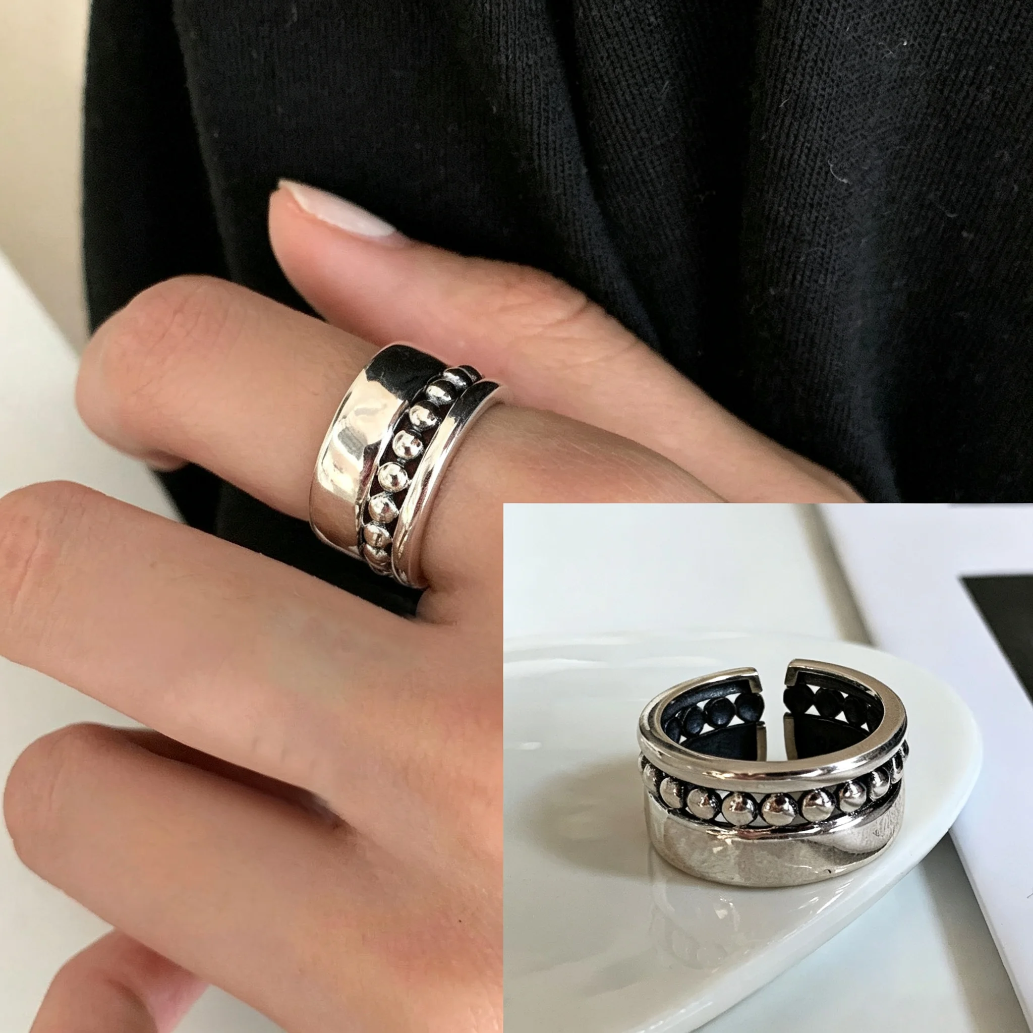 Women's 925 Sterling Silver Thick Double Layer Ring, Minimalist Gift