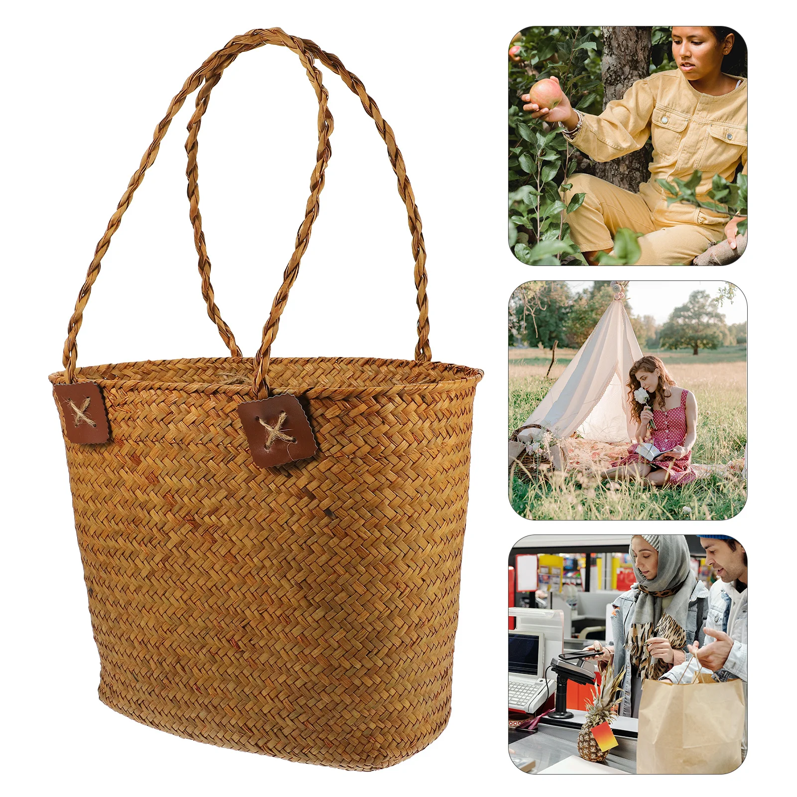 Cesta de paja tejida a mano de gran capacidad, cesta de Picnic portátil con asas para cestas de almacenamiento de frutas y verduras para regalo vacío