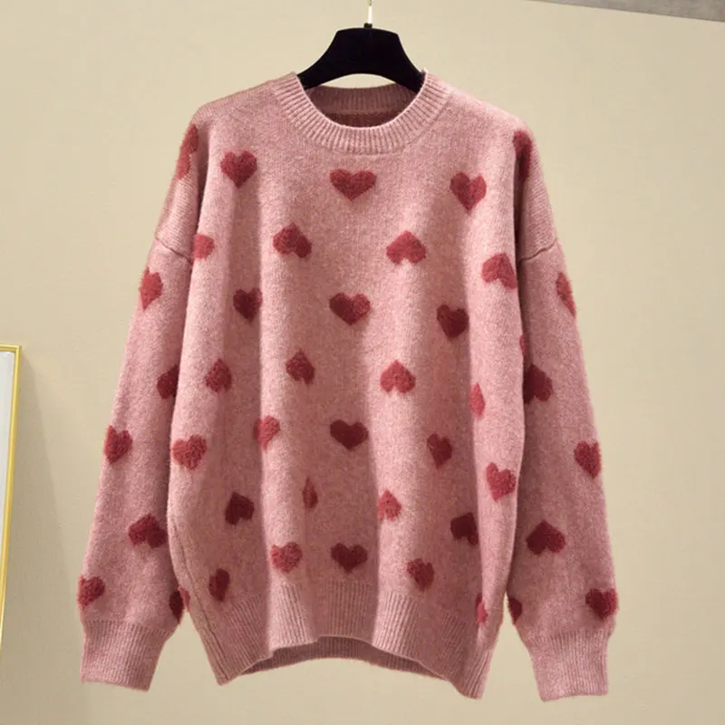 Heart Shaped Dot Sweet Lovely Mink Knit O-Neck Long Sleeve Pullover Women\'s Sweater Female Sweaters Tops Woman Clothing Fashion