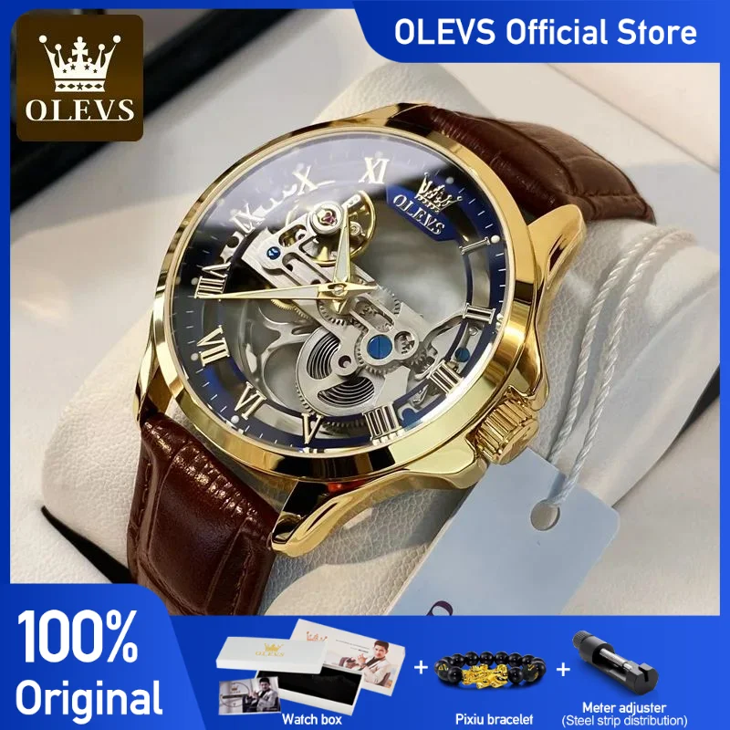 OLEVS Men\'s Watches Automatic Mechanical Watches Waterproof Leather Strap Top Luxury Men Wristwatch Luminous Gift Box Watch Men