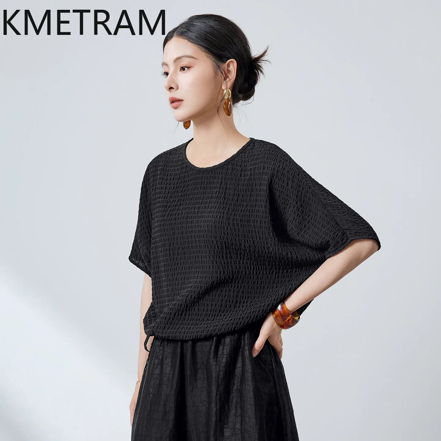 KMETRAM 97.8% Natural Mulberry Silk Women T Shirts Black Casual T Shirt O-Neck Elegant Summer Tops for Woman Clothing 2026 ropa