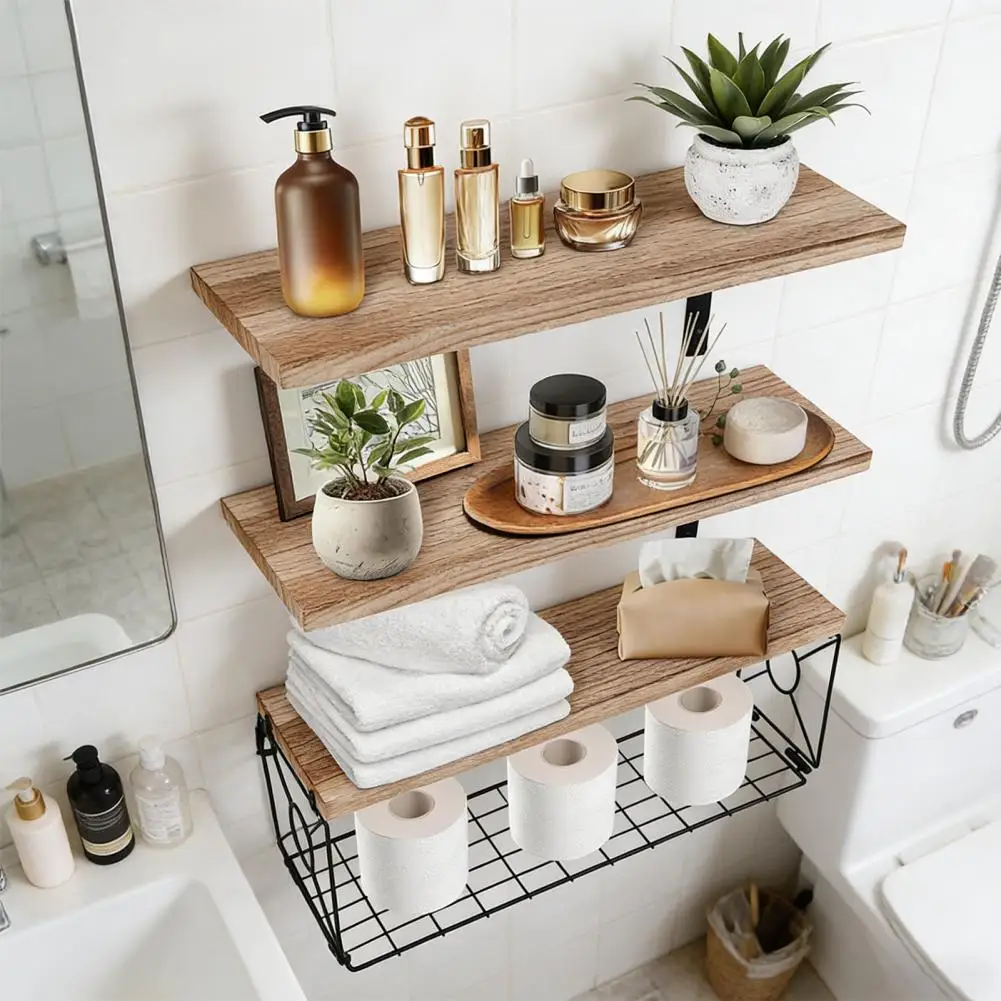 Wall Mounted Shelf Rustic Wooden Bathroom Wall Shelf with Metal Basket Floating Over Toilet Storage Organizer Rack Home Decor