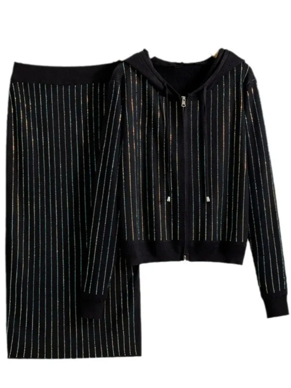 

Women Skirt Suit Sweater Coat Muslim Knit Outfits Two Piece Set Cardigan Hooded Zipper Long Skirts Knitting Casual Ensemble 2026