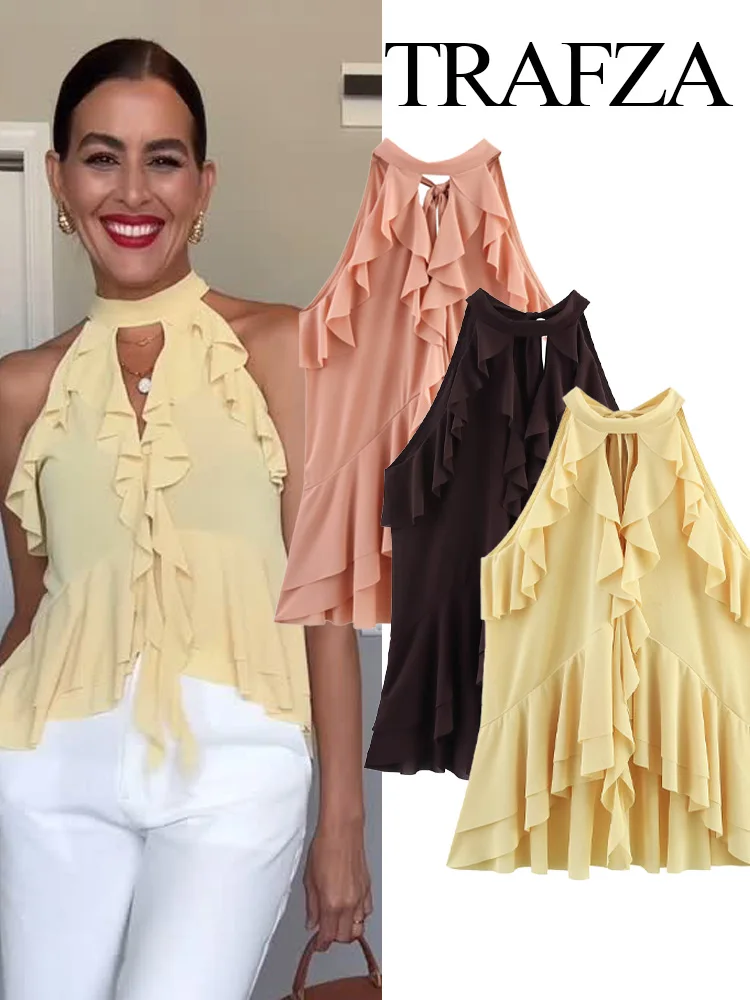 

HH женский новый однотонный топ с подвесным воротником, весенний женский элегантный тонкий короткий топ без рукавов с открытой спиной и ламинированным украшением