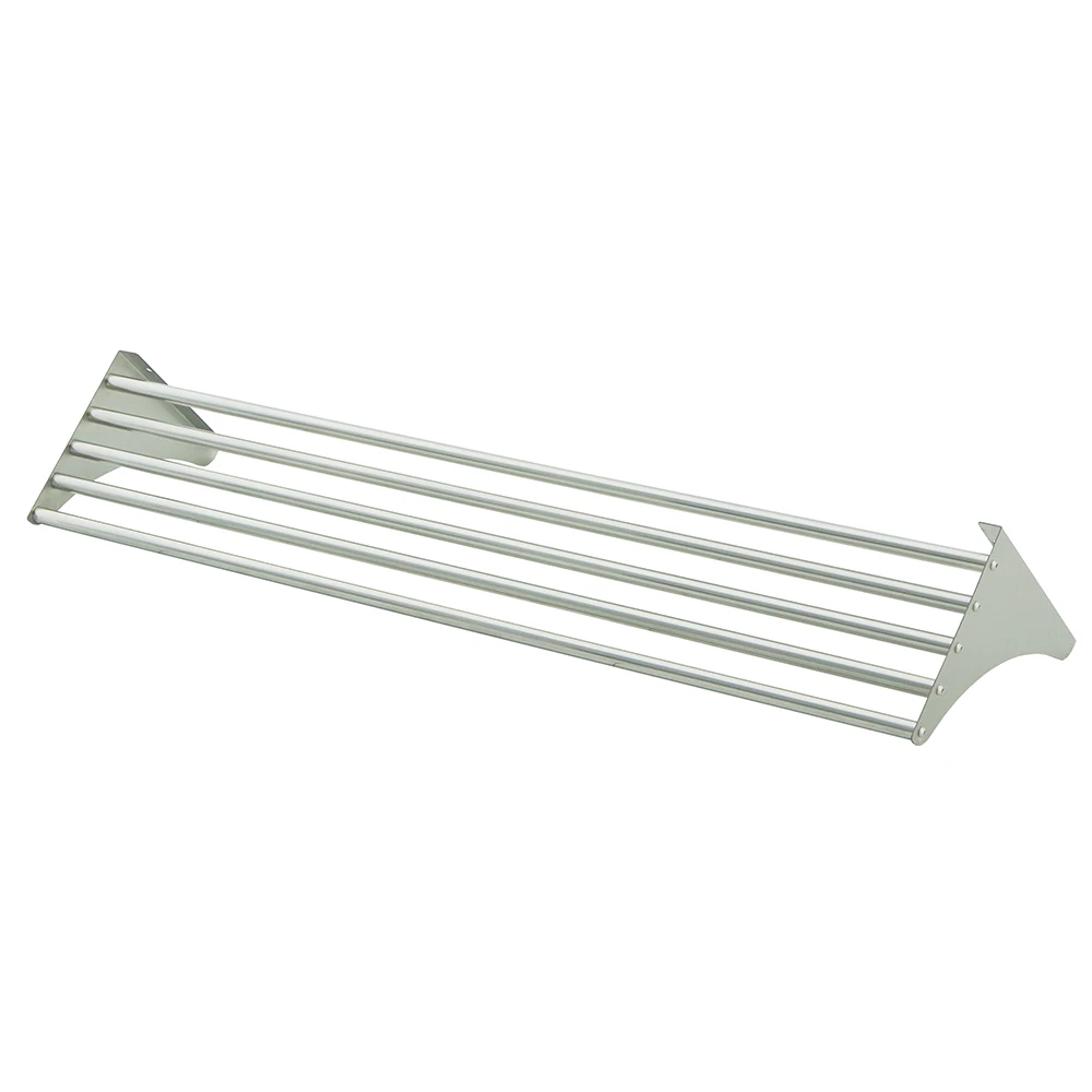 Versatile stainless steel wall rack that drains and can hang kitchen or bathroom items