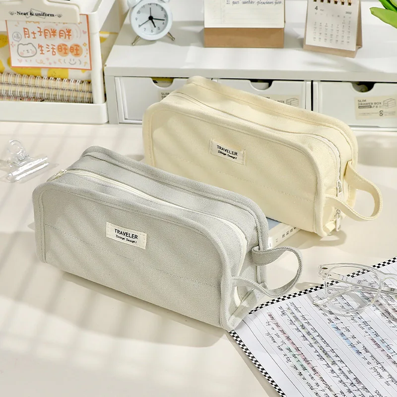 Canvas Pencil Case Large Capacity Girls Simple Japanese Junior High School Pencil Case Primary School Students