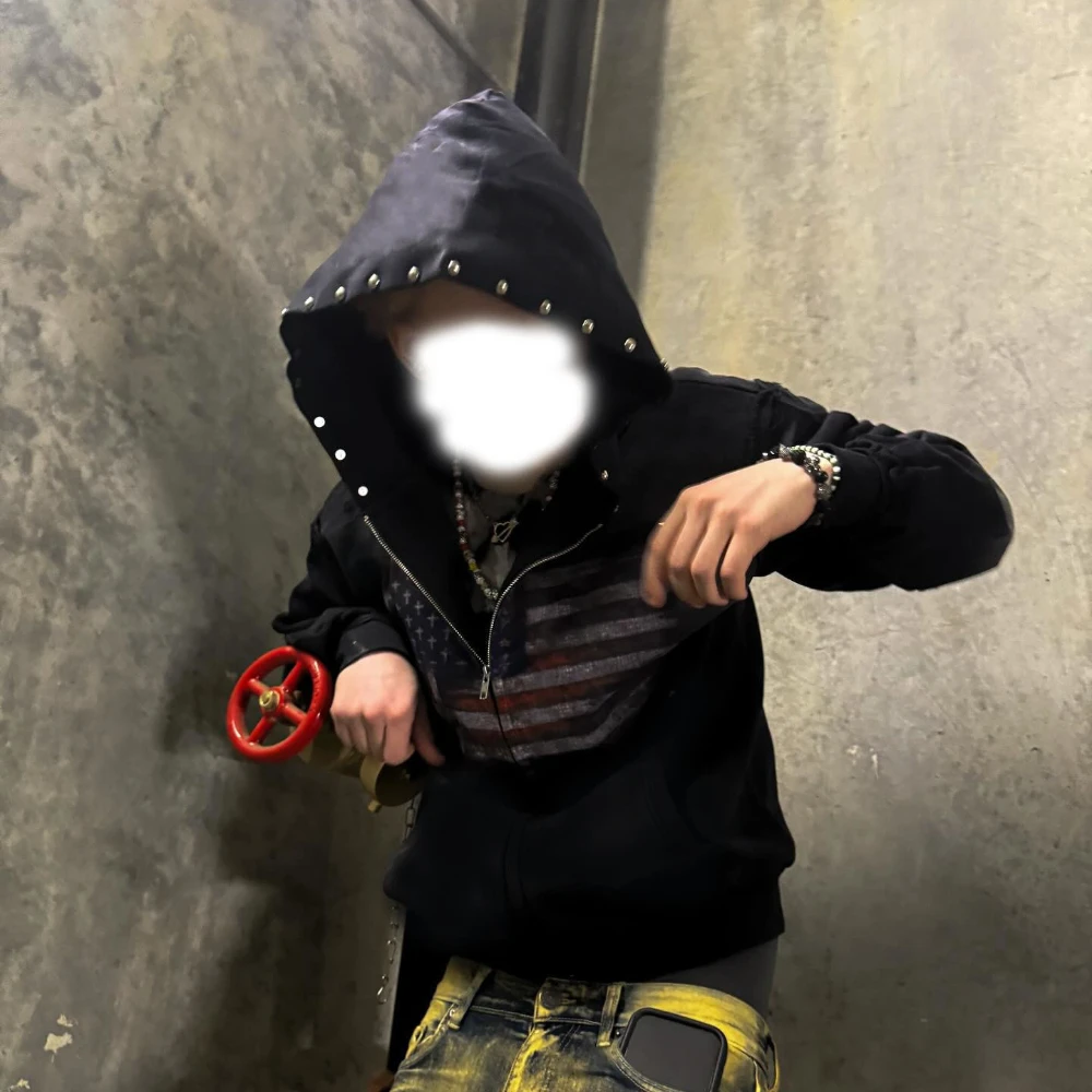 

New graphic letter printed rhinestone with pocket personalized trendy loose hooded hip-hop cardigan sweatshirt y2k