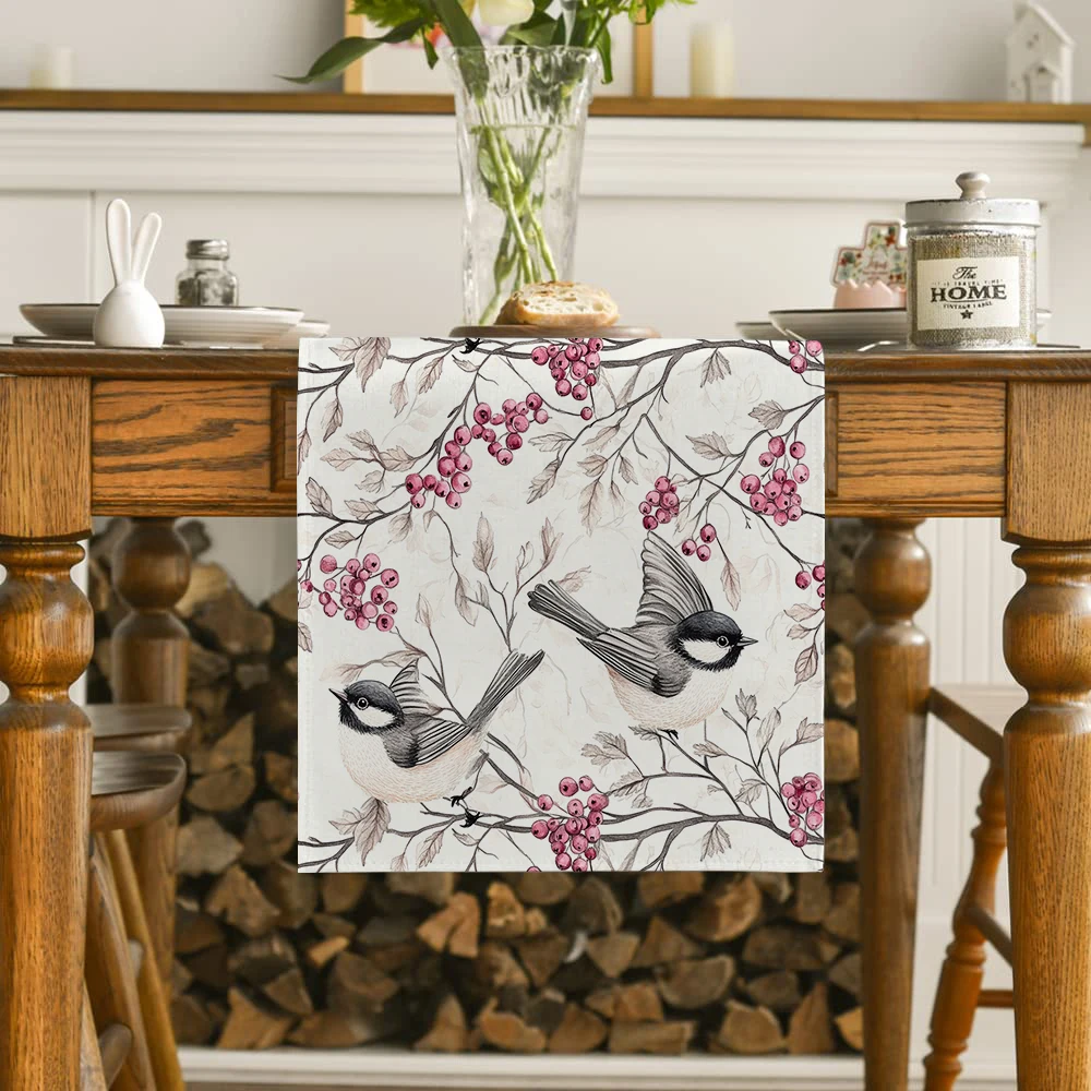 Bird Branches Flower Table Runners Kitchen Table Decor Farmhouse Washable Dining Table Runner Holiday Party Wedding Decorations