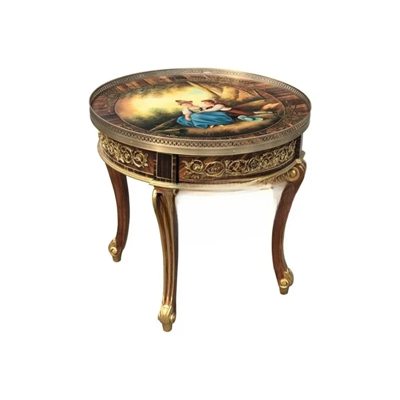 A  *European luxury gold foil painted round table French court solid wood carving pure copper villa living room corner table
