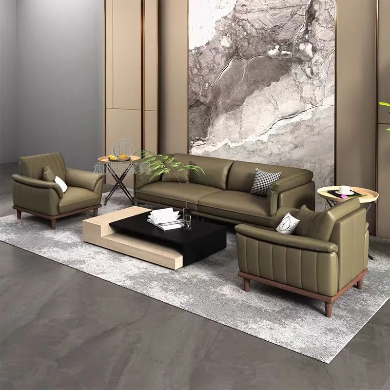 

Italian Minimalist Sales Office Leather Sofa Nordic Light Luxury Villa Hotel Lobby Solid Wood Sofa Set Commercial Furniture