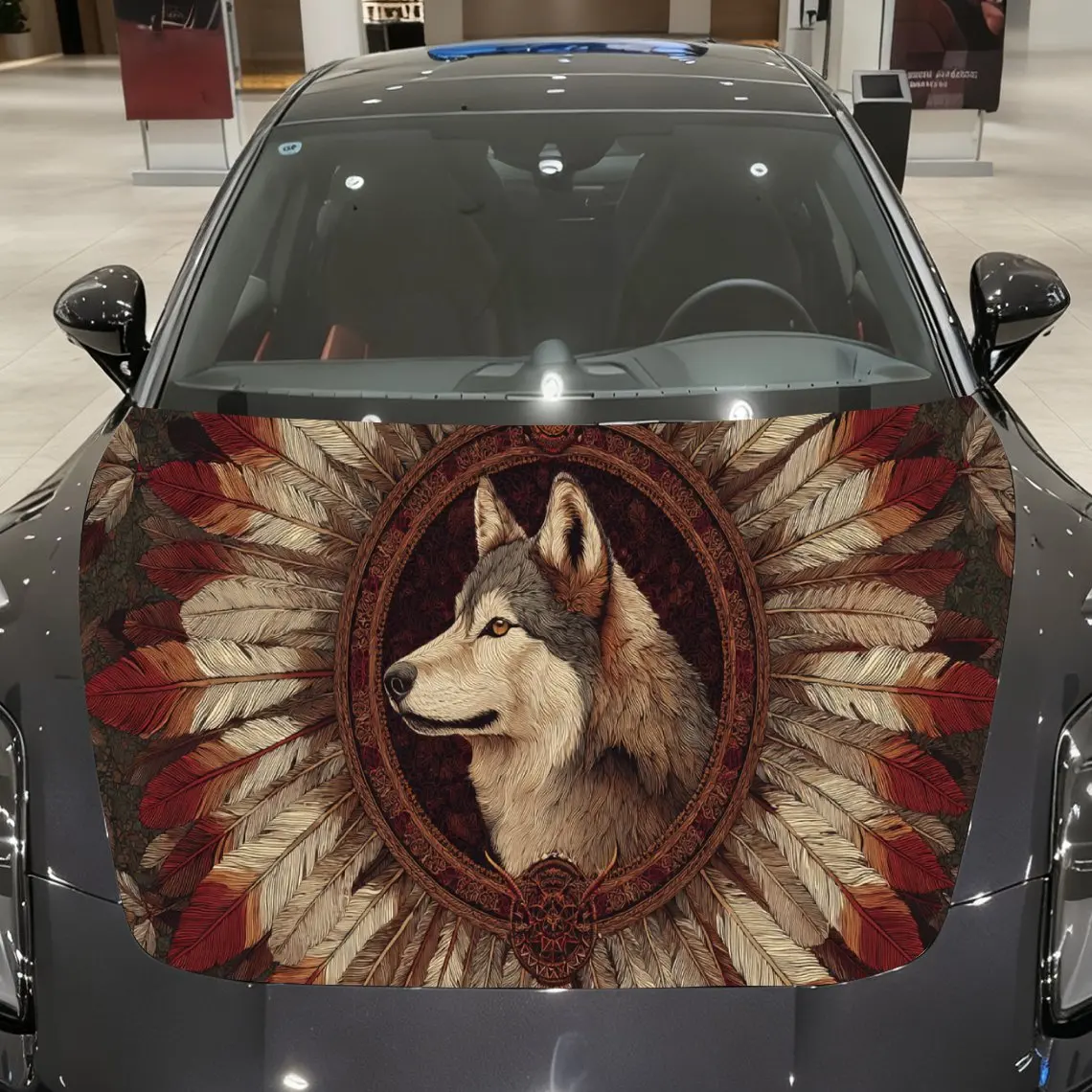 Distinctive Vintage Native Wolf Auto Cover Sticker, Waterproof and Self-adhesive Auto Hood Decal, Auto Vinyl Wraps, Cool Car Ext