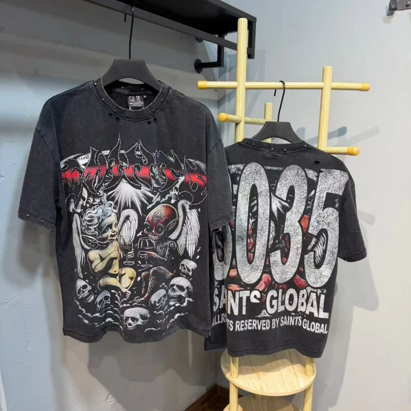 Vintage Washed SAINT Angel Demon Skeleton Print Graphic T Shirts Comfortable High Quality Summer Unisex SAINT Black Short Sleeve