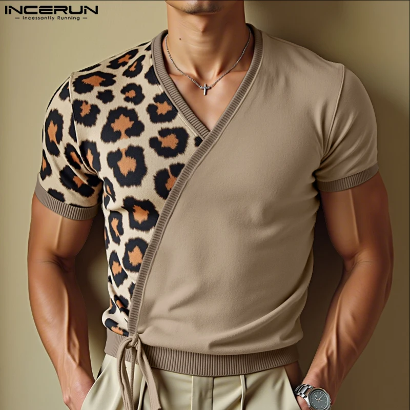 

INCERUN Men T Shirt Leopard Printing Patchwork V Neck Short Sleeve Lace Up Male Tee Tops Summer Fashion Men Clothing Streetwear