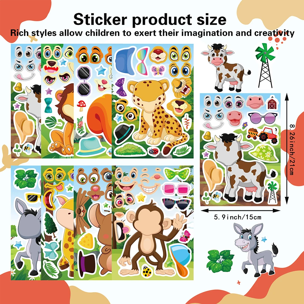 8/16Sheets Kids Animals Make a Face Puzzle Stickers Create your own Monkey Lion Giraffe Children DIY Jigsaw Reward Party Favors