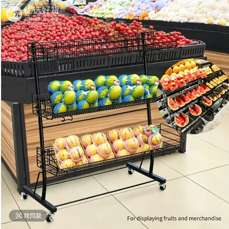 

Heavy Duty Foldable Fruit Display Rack on Wheels - Mobile Wire Style Supermarket Shelving for Vegetables Snacks Produce