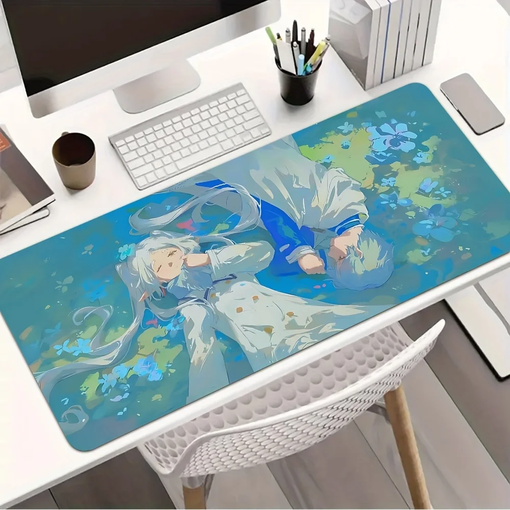 Ethereal Pastel Anime Couple Gaming Mouse Pad, Non-Slip Office Desk Mat, Blue Floral Background, Water-Resistant Keyboard Pad