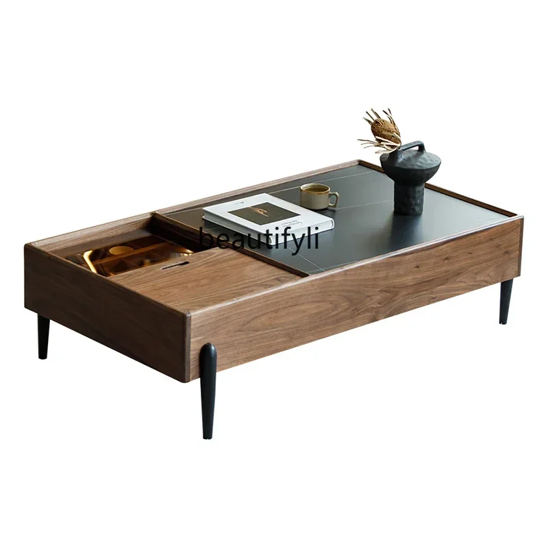 xxxzBlack walnut coffee table TV cabinet combination Nordic modern simple living room small square table log rock slab edge tabl