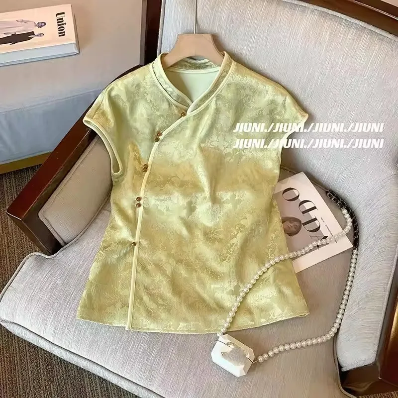 Retro Chinese Jacquard Sleeveless Shirt Women With Slash Placket Button Top 2025 Summer Modified Cheongsam Green Short Blouse