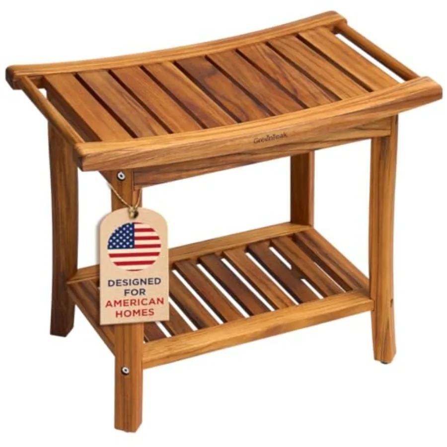 

22 Teak Wood Shower Bench with Shelf 2-Tier Waterproof Teak Bath Stool Non-Slip Feet for Safety Spa Shower Seat for Indoor Outd