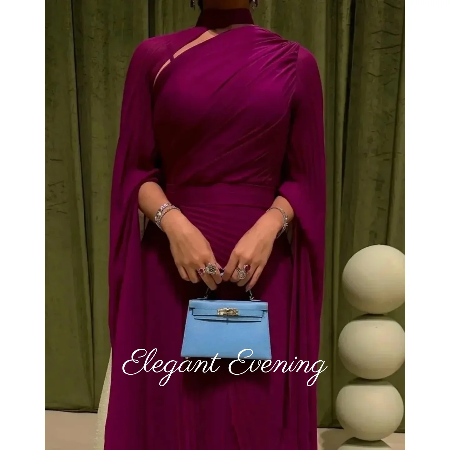 Vintage alta pescoço vestidos de noite até o chão manga longa chiffon vestidos de baile plissado vestidos de festa de casamento saudita personalizado