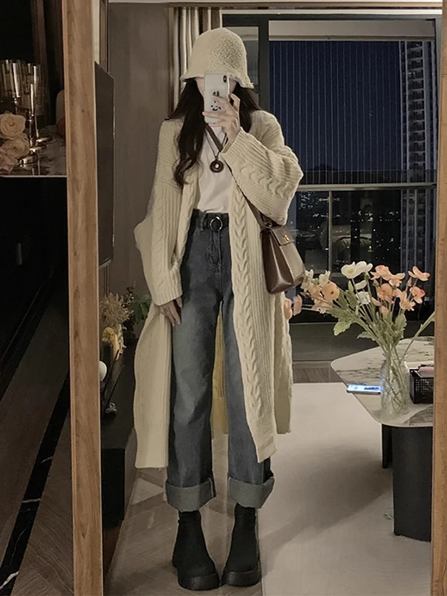 롱 트위스트 스웨터 코트 여성용 루즈핏 니트 가디건 가을 겨울 신상 한국 스타일