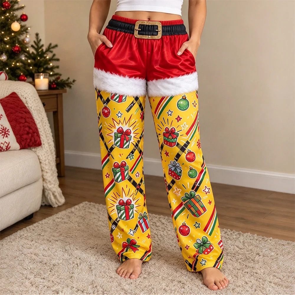 Women Funny Christmas Sleep Pants Fake Two-piece Splicing Cartoon Santa Elastic Waist Long Pants Casual Ladies Holiday Trousers